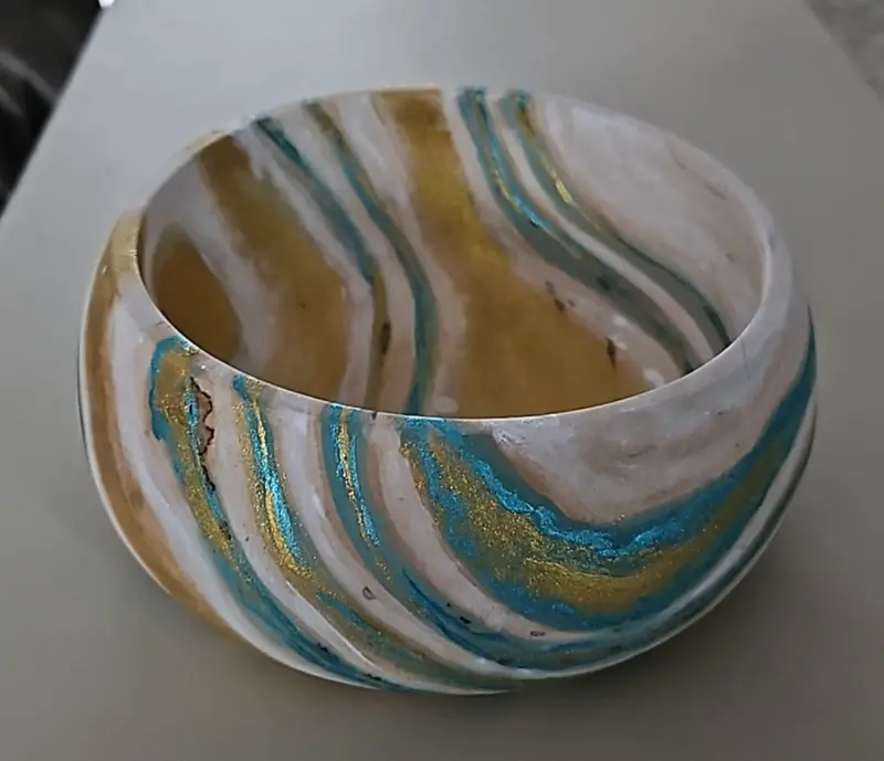Aquamarine & Gold Wood Bowl Original By Lucy De Sousa 1