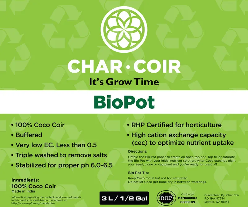 Char Coir Bio-Pot 3L Green Box - 2 Gallon 1