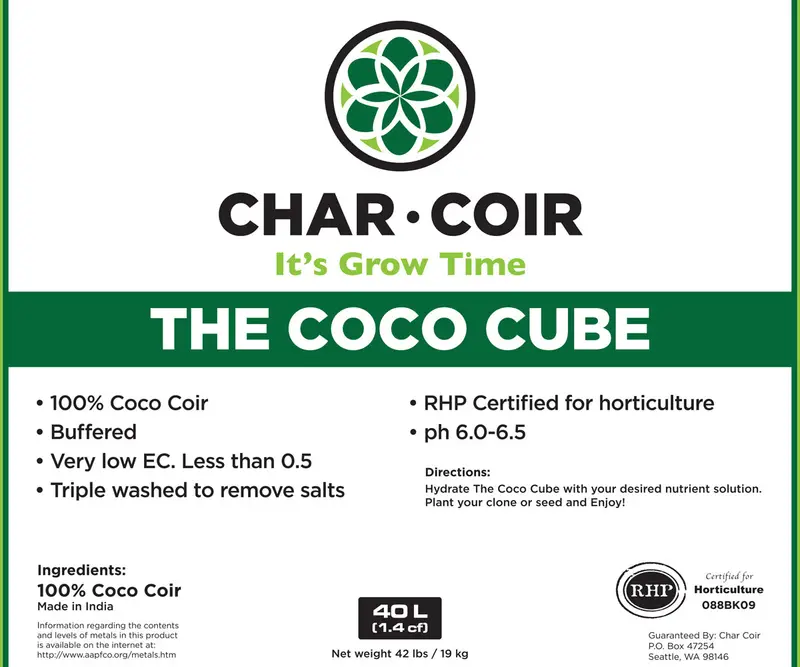 Char Coir The Coco Cube - 1 Gallon 100% Rhp Certified Coco Coir 1