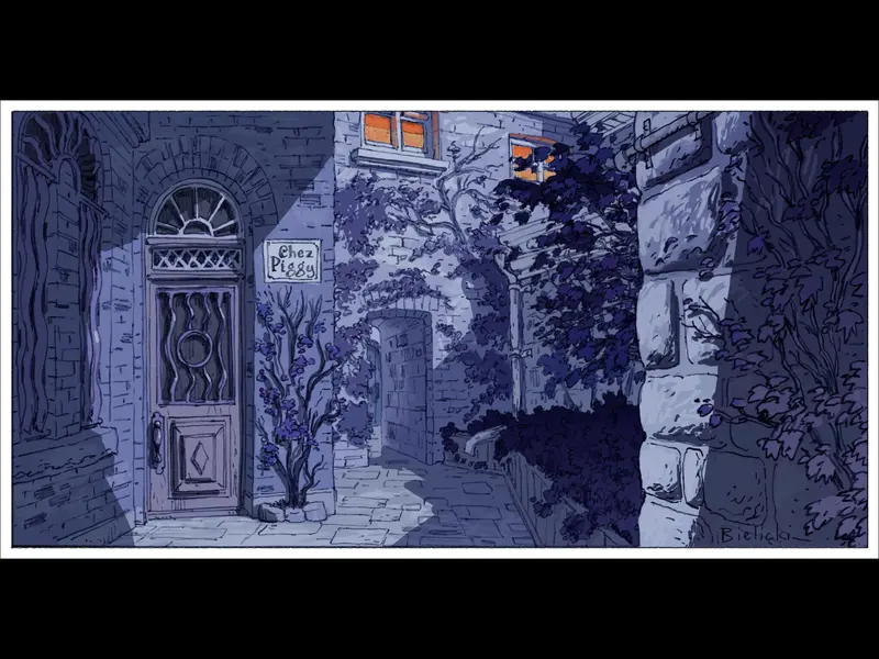 Chez Piggy Nighttime Large Card By Piotr Bielicki 1