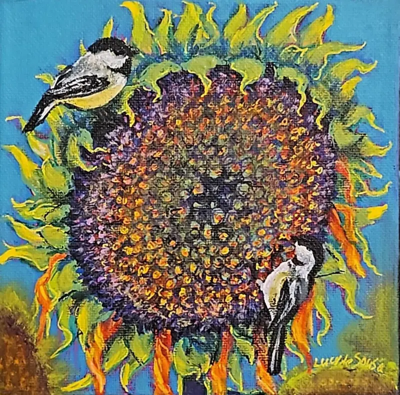 Chickadees And Sunflower, Original Painting By Lucy De Sousa 1