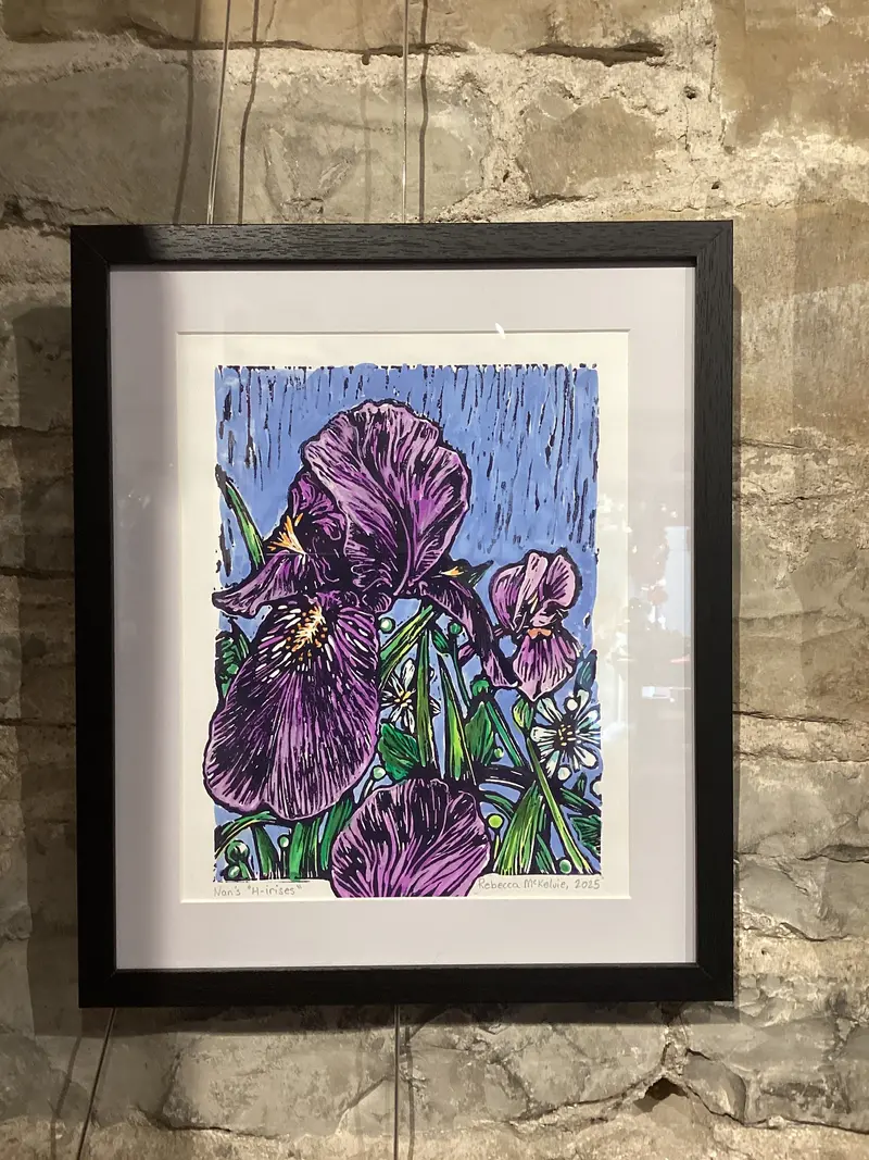 Framed Nan’S “H-Irises” Lino Print (8X10) By Rebecca Mckelvie 1