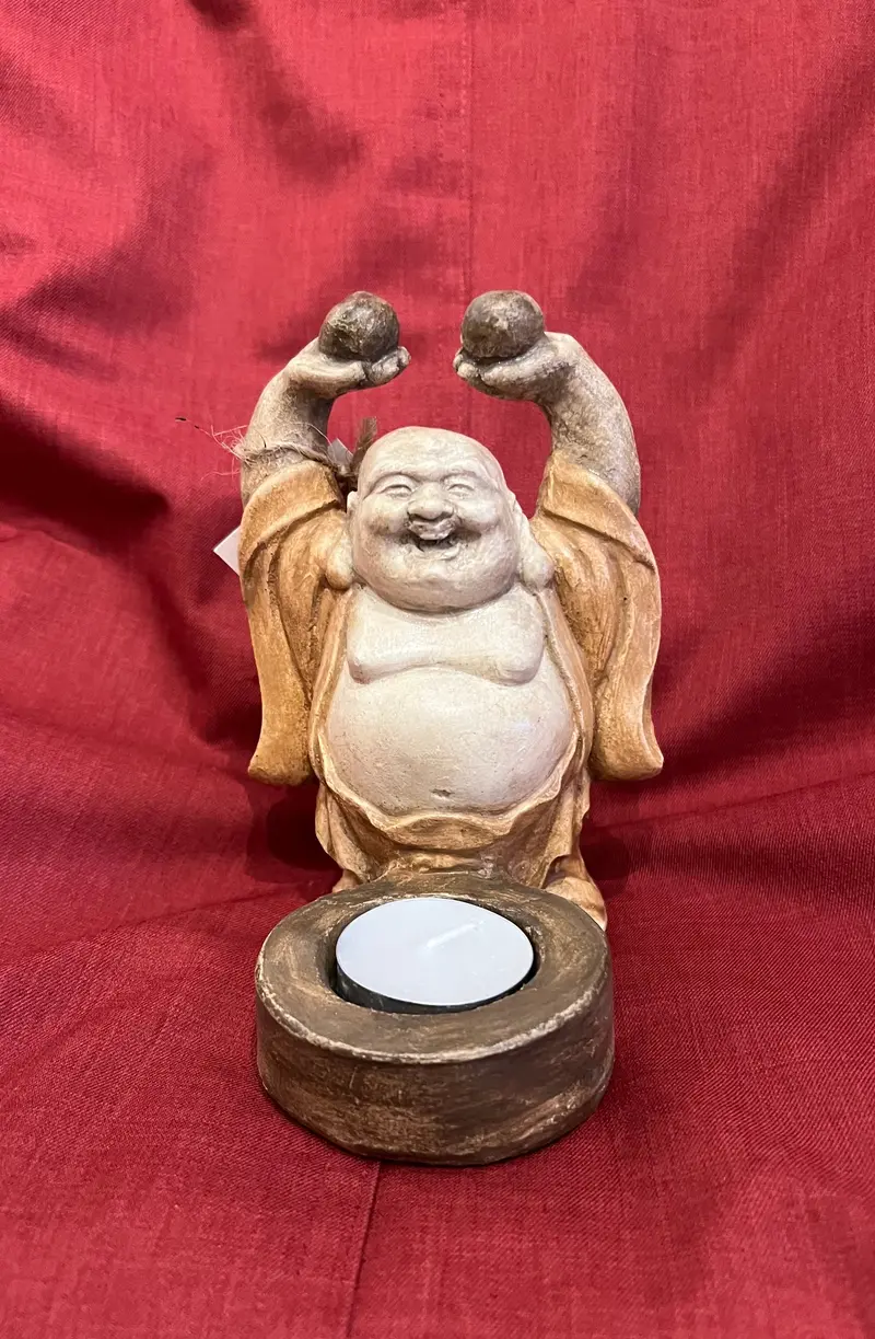 Hand Cast Concrete Happy Buddha With Pearls Tea Light Candle Holder 1