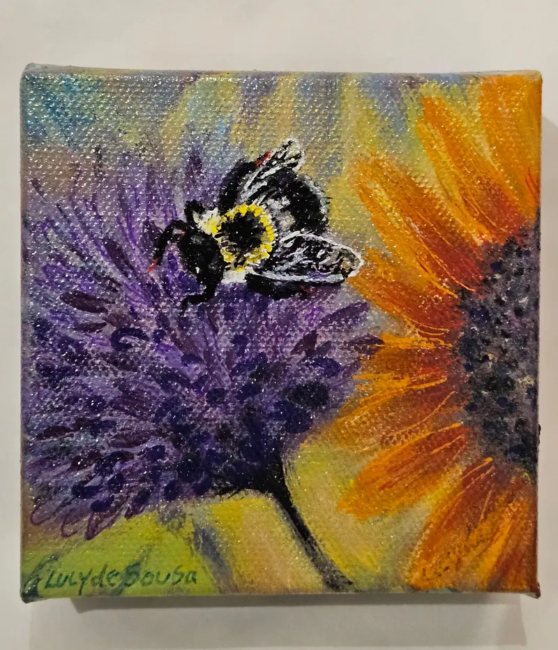 Happy Bumblebee In My Flower Garden, Original Painting By Lucy De Sousa 1
