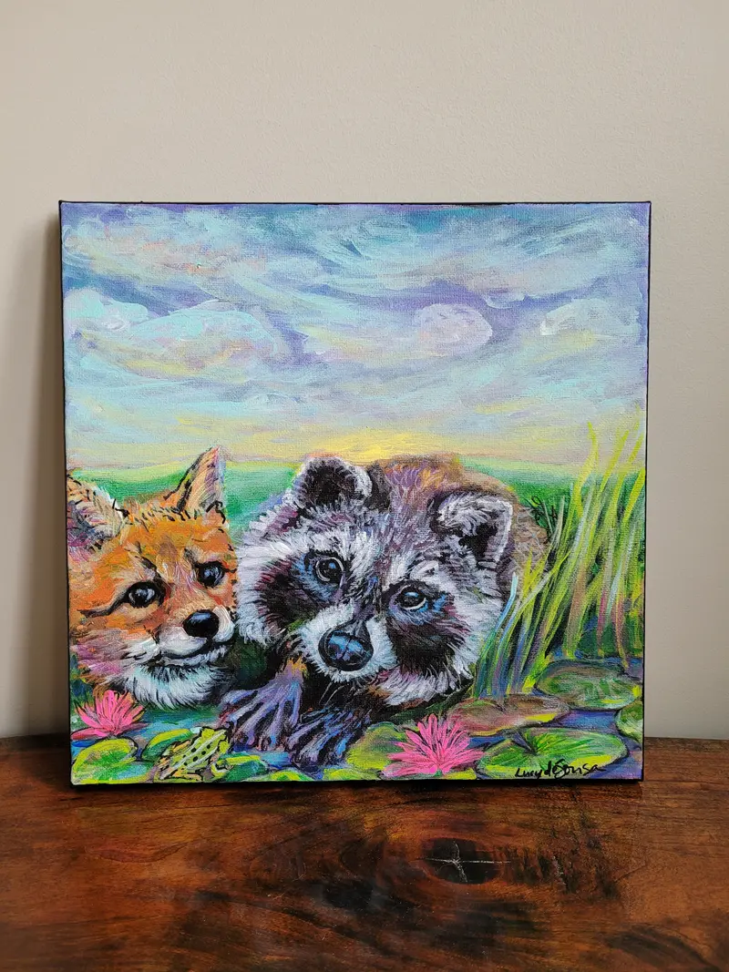 The Happy Trio:  Raccoon, Fox And Frog - Original By Lucy De Sousa 1