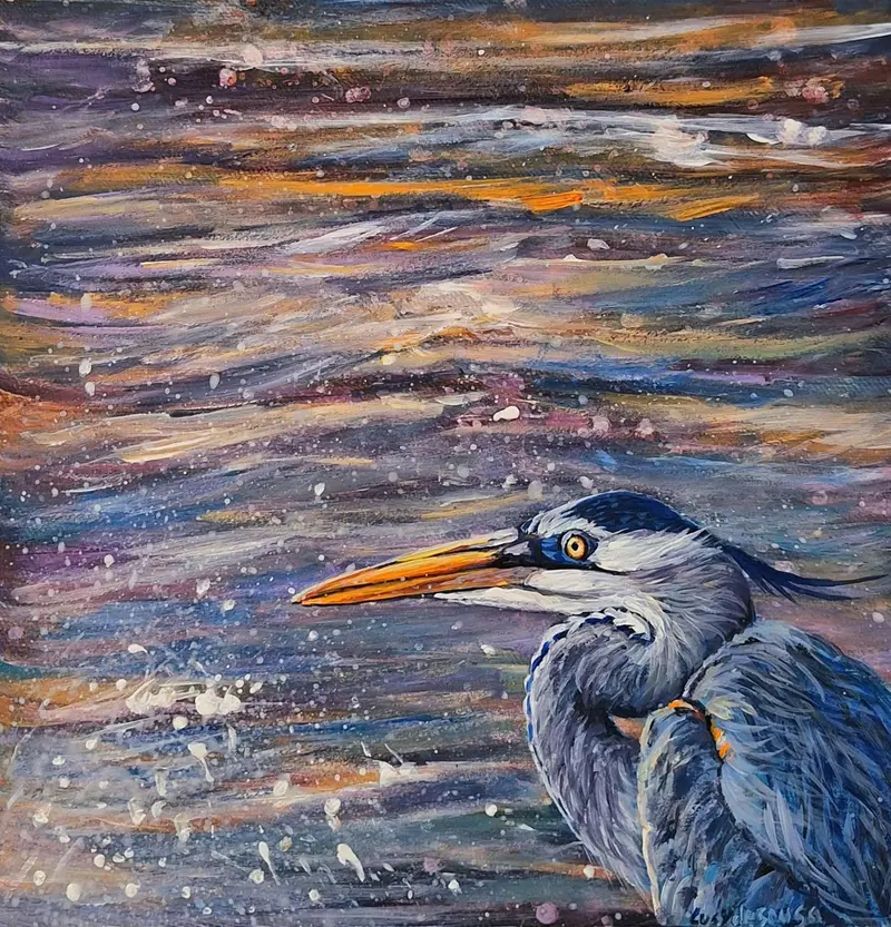 The Master Of Patience, Great Blue Heron Original Painting By Lucy De Sousa 1