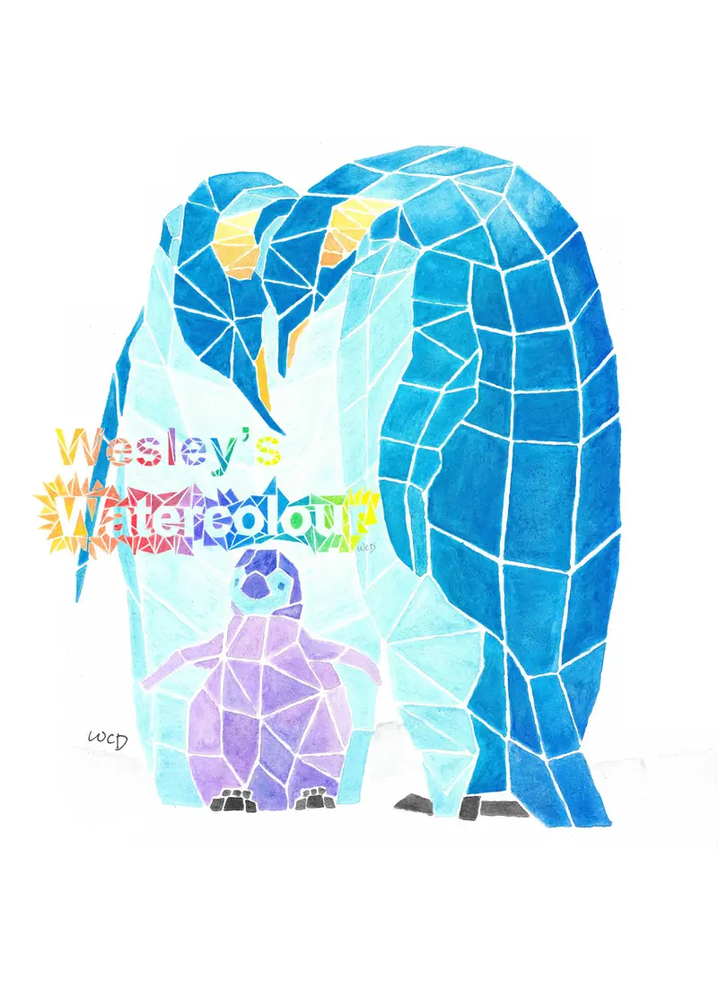 Watercolour Postcard Of Emperor Penguin Family 1