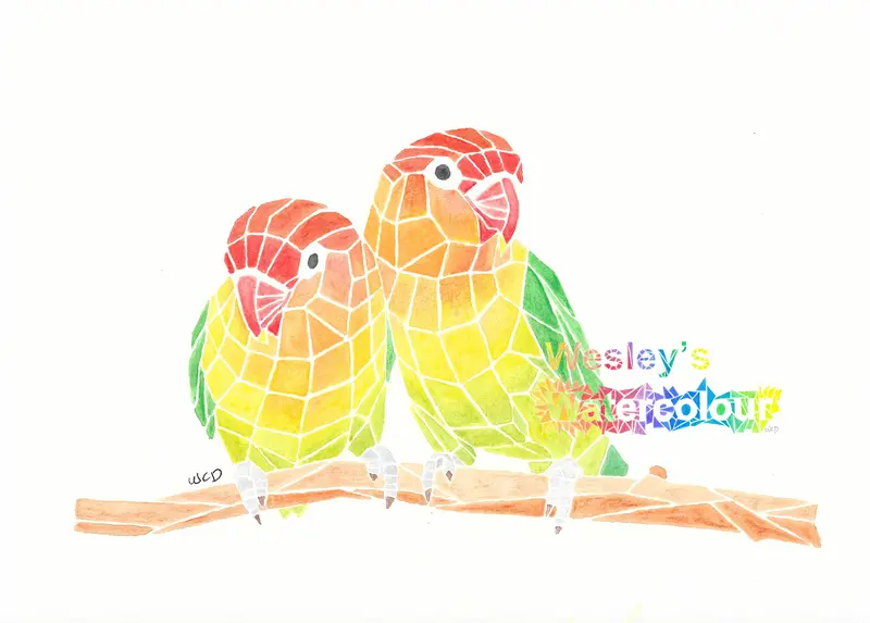 Watercolour Postcard Of Two Lovebirds 1
